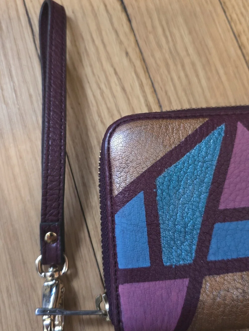 HANDCRAFTED Upcycled Leather Wallet HANDPAINTED Abstract Geometric Wristlet